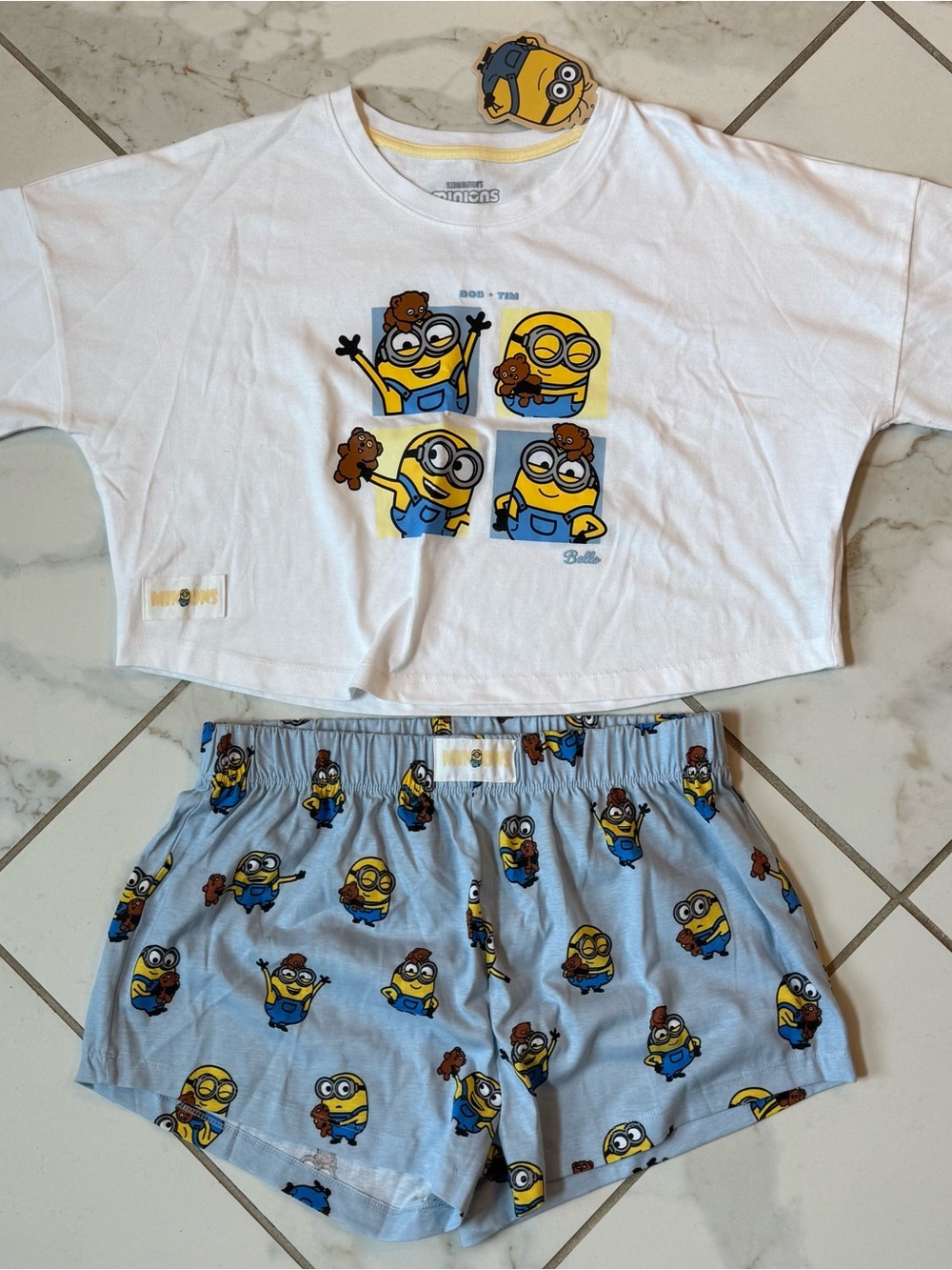 Minions Bob & Tim white yellow blue Ladies Shorts Pajamas Boxy Crop Top Primark